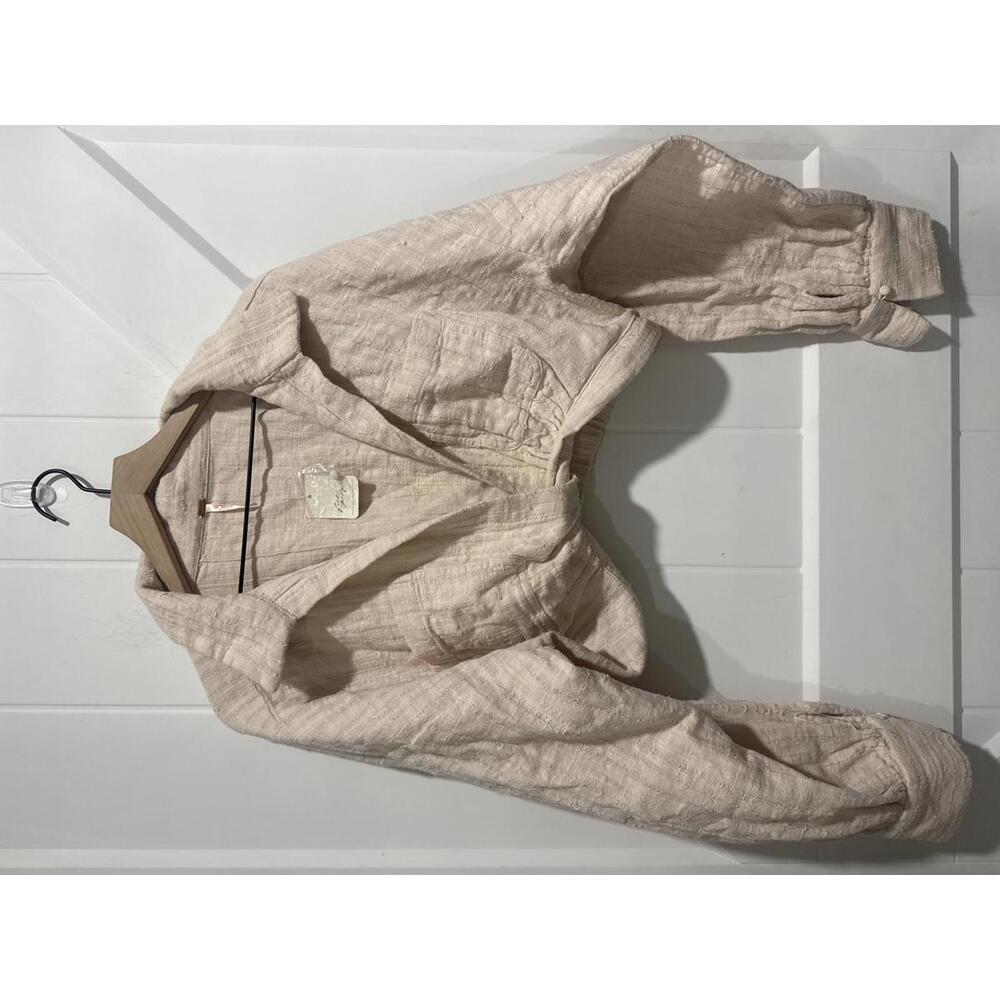 Free People Light Beige Cropped Shirt, Made in India, 100% Cotton, Size L